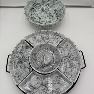 Vintage 1950s Atomic Splatter Chip And Dip Serving Set 7 Pc MCM Black White